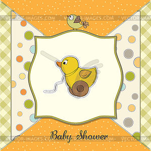 Baby shower card with duck toy - stock vector clipart