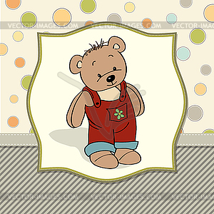 Customizable childish card with funny teddy bear - vector image