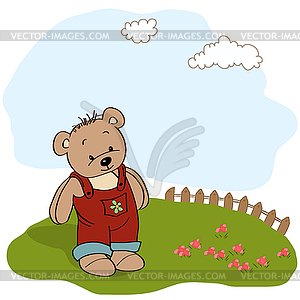 Customizable childish card with funny teddy bear - vector clip art