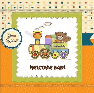 Baby shower card with teddy bear and train toy - vector image