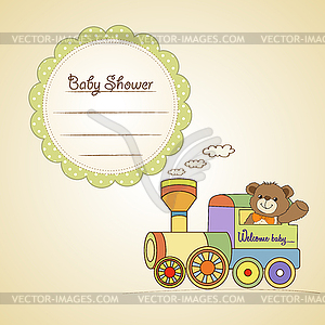 Baby shower card with teddy bear and train toy - vector clipart