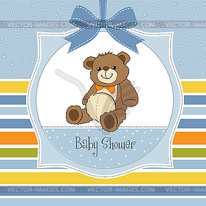 Baby shower card with cute teddy bear toy - stock vector clipart