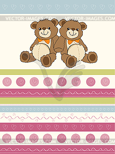 Card with twins teddy bears - vector clipart