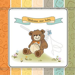 Baby shower card with cute teddy bear toy - vector image