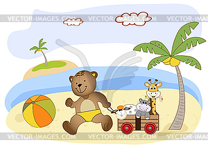 Плюшевый мишка играет на пляже - векторная иллюстрация