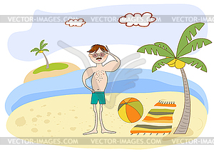 Muscle man on beach - vector clipart