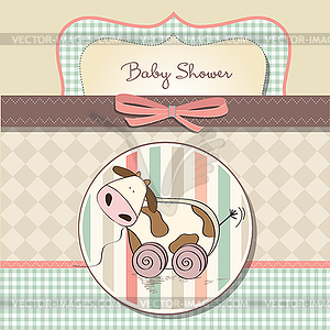 Baby shower card with cute cow toy - vector clip art