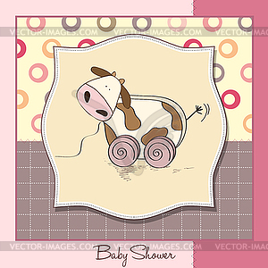Baby shower card with cute cow toy - vector clip art