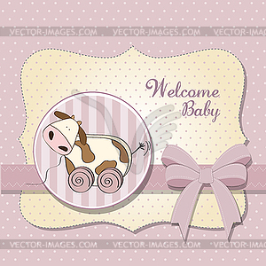 Baby shower card with cute cow toy - vector image