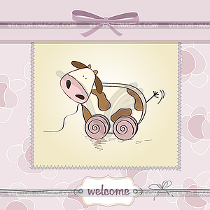 Baby shower card with cute cow toy - vector image