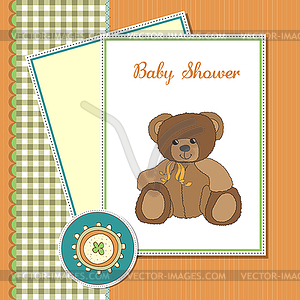 Baby greeting card with teddy bear - vector clipart