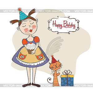 Girl with birthday cake - vector clip art