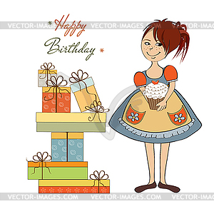 Girl with birthday cake - vector clipart