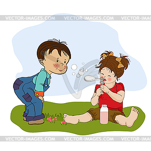 Little boy playing with little girl - vector clipart