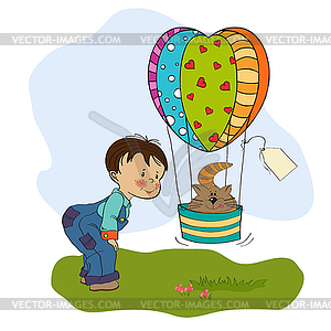 Little boy and his flying cat - vector image