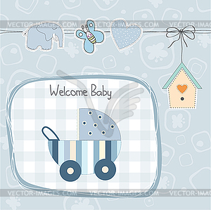 Baby boy shower card with stroller - vector clip art