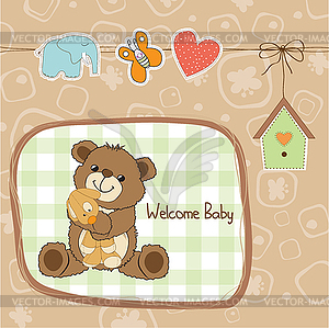 Baby shower card with teddy bear toy - vector image