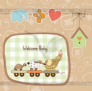 New baby announcement card with animal`s train - vector clipart