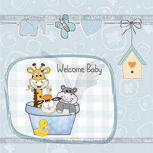 Baby boy shower card with toys - vector clipart