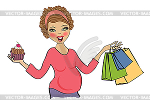 Happy pregnant woman at shopping - vector clipart