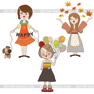 Set of three happy girls - vector clipart / vector image