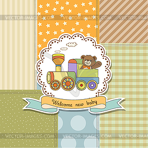 New baby announcement card with train toy - vector image