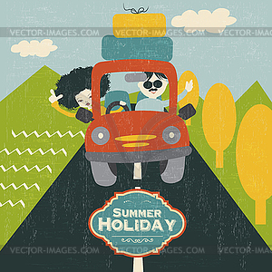 Retro couple traveling by car - vector clip art