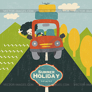 Retro woman traveling by car - vector clip art