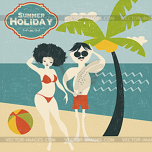 Retro couple on beach - royalty-free vector clipart