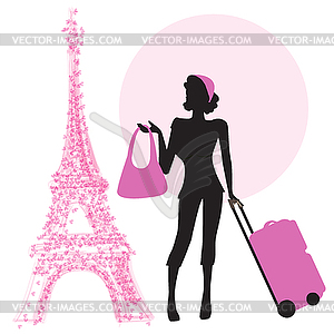 Молодая женщина с чемоданом в Париже - изображение в векторе / векторный клипарт