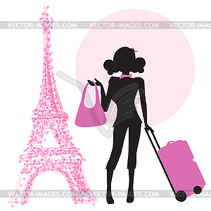 Молодая женщина с чемоданом в Париже - векторизованное изображение клипарта