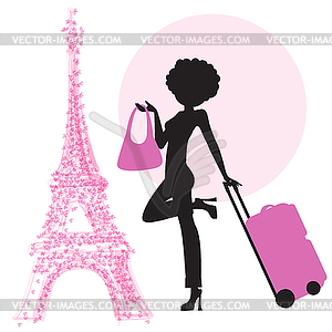 Young woman with suitcase in Paris - vector clipart