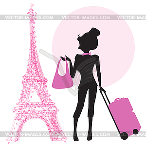 Young woman with suitcase in Paris - vector clipart