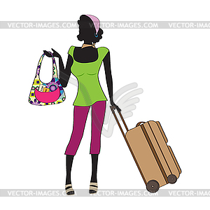 Молодая женщина с чемоданом - рисунок в векторе