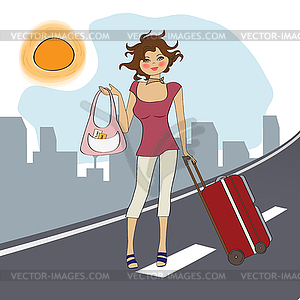 Young woman with suitcase - vector clipart