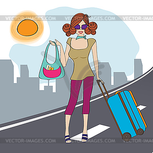 Young woman with suitcase - vector image