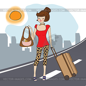 Young woman with suitcase - vector clip art