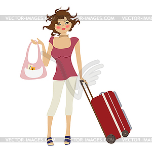 Молодая женщина с чемоданом - изображение в векторе / векторный клипарт