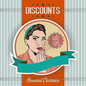 Retro beautiful woman and discounts message - vector clipart