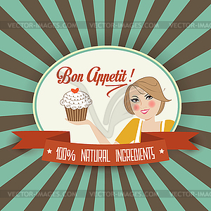 Retro wife with bon appetit message - vector image