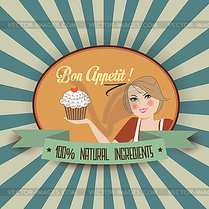 Retro wife with bon appetit message - vector clipart