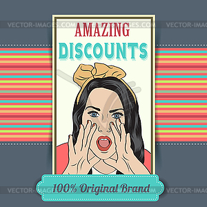 Retro beautiful woman and amazing discounts me - vector image