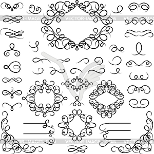 Set of curled calligraphic design elements - white & black vector clipart