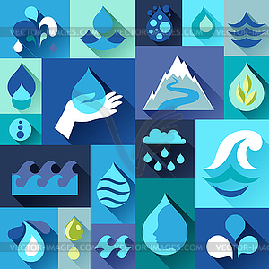 Background with water icons in flat design style - stock vector clipart