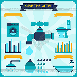 Save water. Poster with infographics in flat style - vector clipart