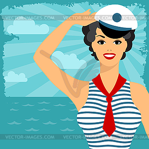 Card with beautiful pin up sailor girl 1950s style - vector image