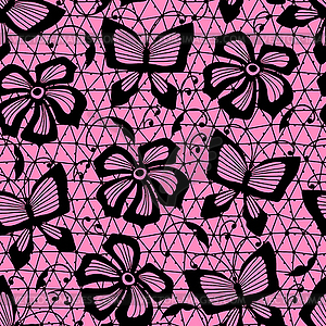 Бесшовные узор кружева с бабочками и цветами - клипарт в векторном виде