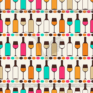 Seamless retro pattern with bottles of wine and - vector clipart