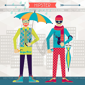 Two hipsters on urban background in retro style - vector image