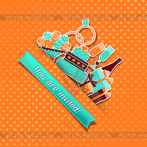 Wedding invitation card with stickers in retro style - vector clipart